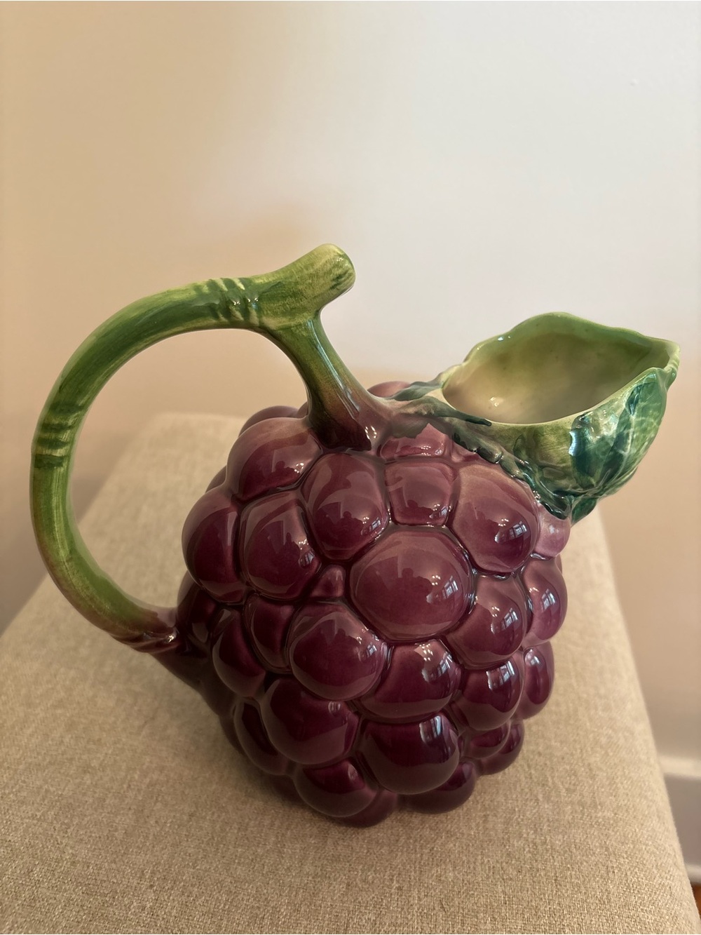 Vintage Antique Ceramic Grape Pitcher - Purple and Green Decorative Jug